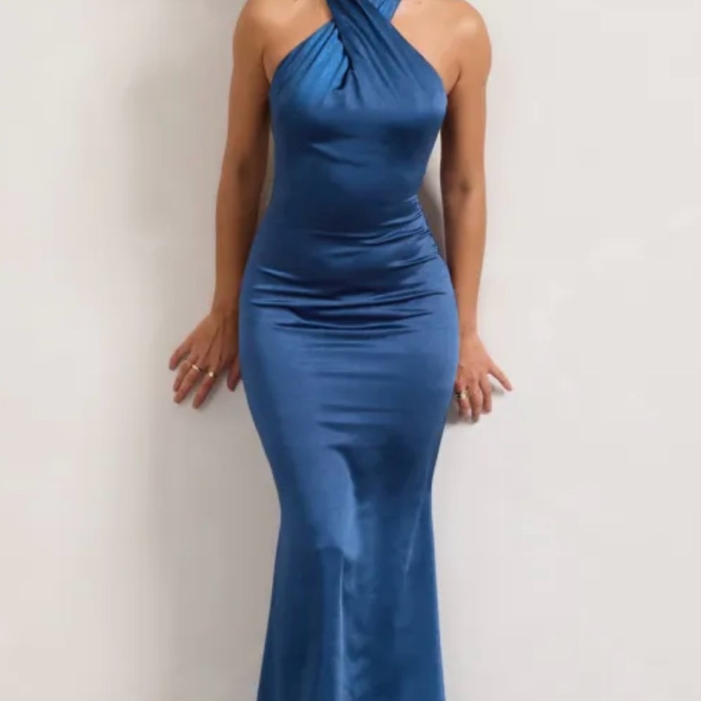Club London Blue Cross Over Halter Neck Maxi Dress